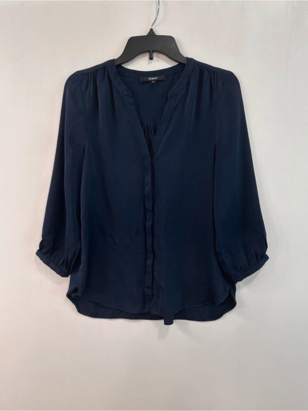 Quince Washable Silk Split Neck Blouse Top Navy Women's S